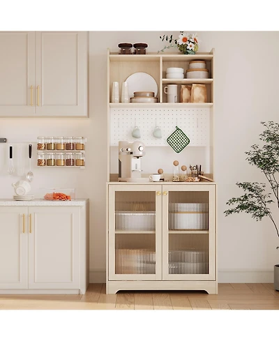 homfan Freestanding Pantry Hutch, 6-Tier Sideboard with Glass Doors, Pegboard Panel and Open Shelves for Kitchen, Dining Room Coffee Bar