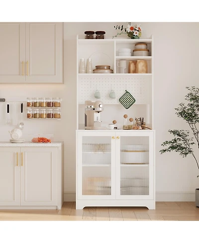 homfan Freestanding Pantry Hutch, 6-Tier Sideboard with Glass Doors, Pegboard Panel and Open Shelves for Kitchen, Dining Room and Coffee Bar