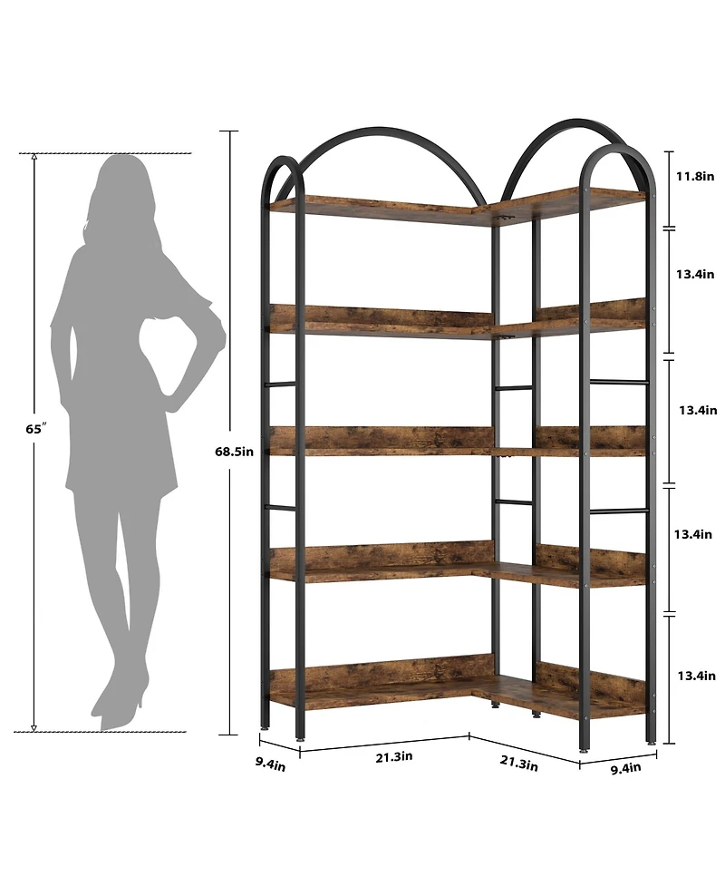 homfan 5-Tier L-Shaped Corner Bookshelf, Industrial Bookcase with Metal Frame, Open Wood and Storage Shelves, Office Display Rack