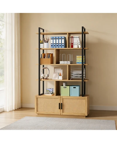 homfan 5-Tier Staggered Rattan Door Bookcase, Farmhouse Style Metal Frame Storage Cabinet with Anti-Tipping Design, Home Office Organizer