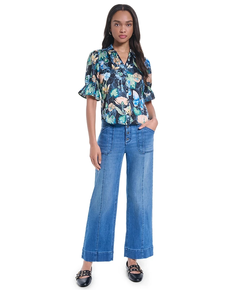 Karl Lagerfeld Paris Petite Collared Printed Woven Top