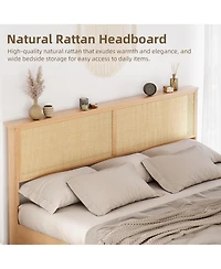 gaomon Full Rattan Bed with Storage Cabinets And Led, Boho