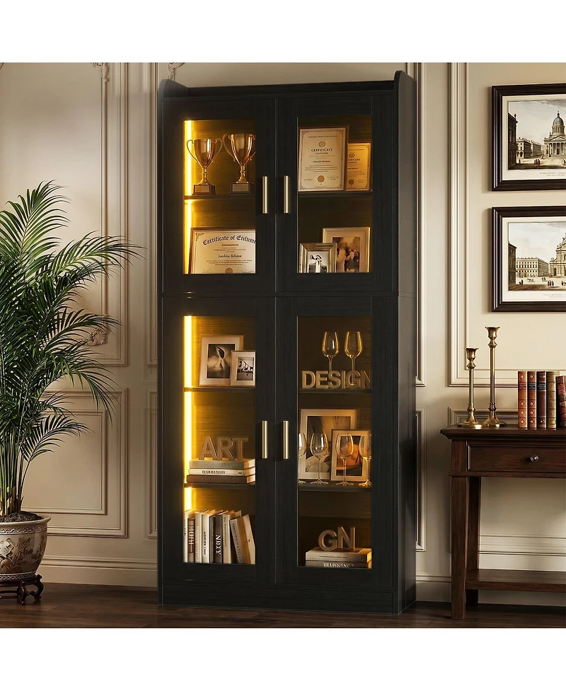 Aheaplus 5-Tier Tall Display Bookcase with Shelves and Glass Doors Led Lights