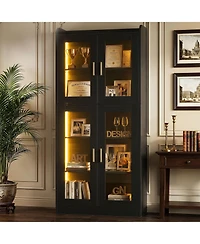 Aheaplus 5-Tier Tall Display Bookcase with Shelves and Glass Doors Led Lights