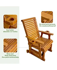 Mega Casa Solid Wood Outdoor Glider Chair, All-Weather High Back Patio Rocker with Dual Cup Holders