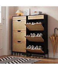 Homfan Rattan Shoe Storage Cabinet with 3 Flip Doors and 1 Drawer, Freestanding Shoe Organizer for Entryway with Adjustable Shelves
