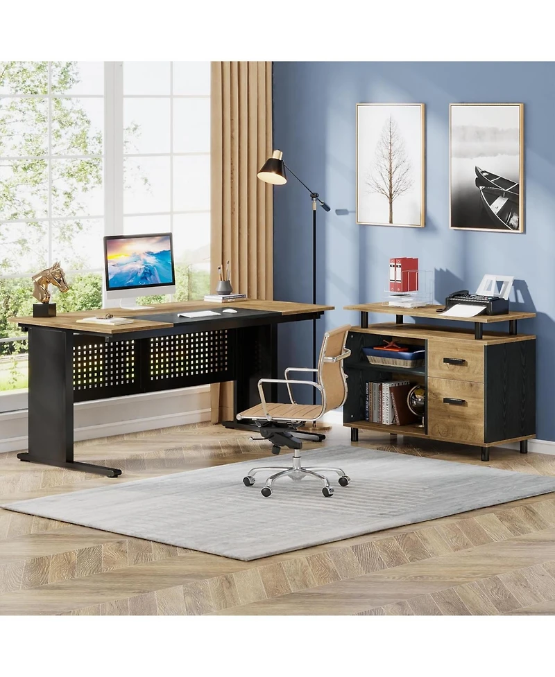 Tribesigns 63" L-Shaped Executive Desk with File Cabinet, Drawers & Storage Shelves - Office Desk