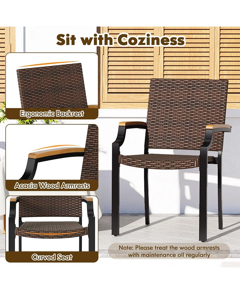 Slickblue Set of 2 Stacking Wicker Patio Dining Chairs with Acacia Armrests
