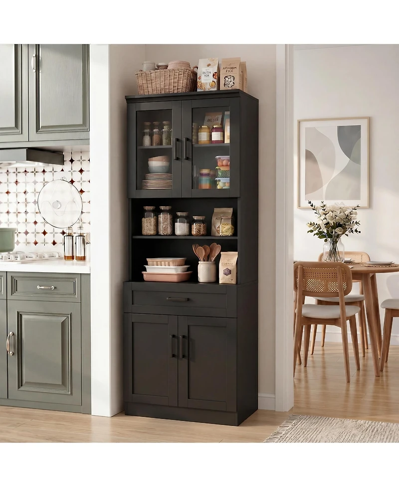 Aheaplus 80'' Tall Kitchen Pantry Cabinet with Glass Door and Wood Drawer