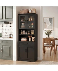 Aheaplus 80'' Tall Kitchen Pantry Cabinet with Glass Door and Wood Drawer