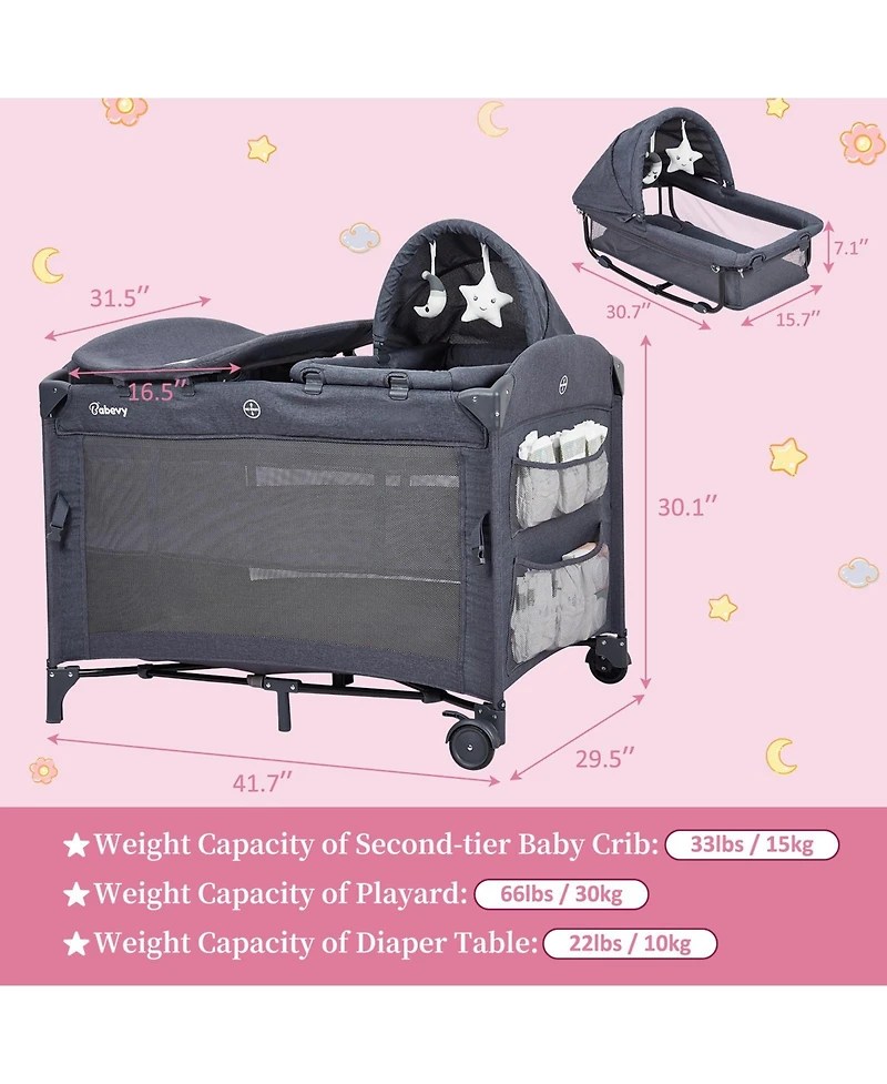 Gaomon 5-in-1 Foldable Pack and Play Baby Playard, Bedside Sleeper with Bassinet Diaper Changer, Lockable Wheel Nursery Center for Newborn Toddler
