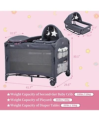 Gaomon 5-in-1 Foldable Pack and Play Baby Playard, Bedside Sleeper with Bassinet Diaper Changer, Lockable Wheel Nursery Center for Newborn Toddler