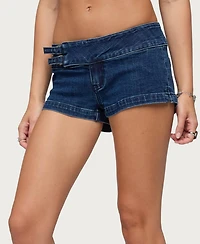 Edikted Women's Double Belted Low Rise Denim Shorts