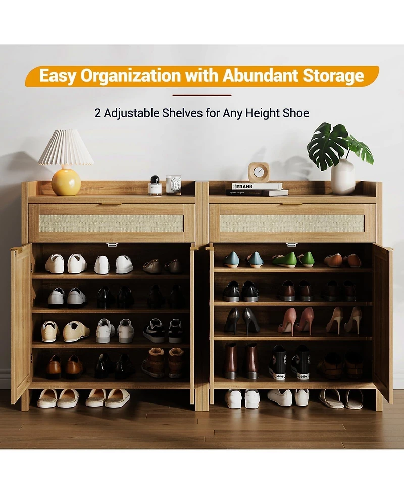homfan 3 Pcs Rattan Shoe Storage, 41 in Tall, Adjustable Shelves, One Drawer, 6 Tier Farmhouse Wooden Organizer for Entryway, Hallway