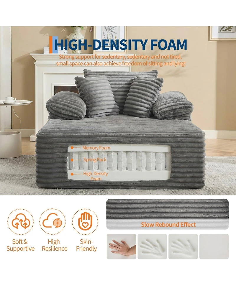homfan 64.9inch Oversized Corduroy Chaise Lounge Sofa Bed, No-Assembly Sleeper with Pillows, 300LB Limit