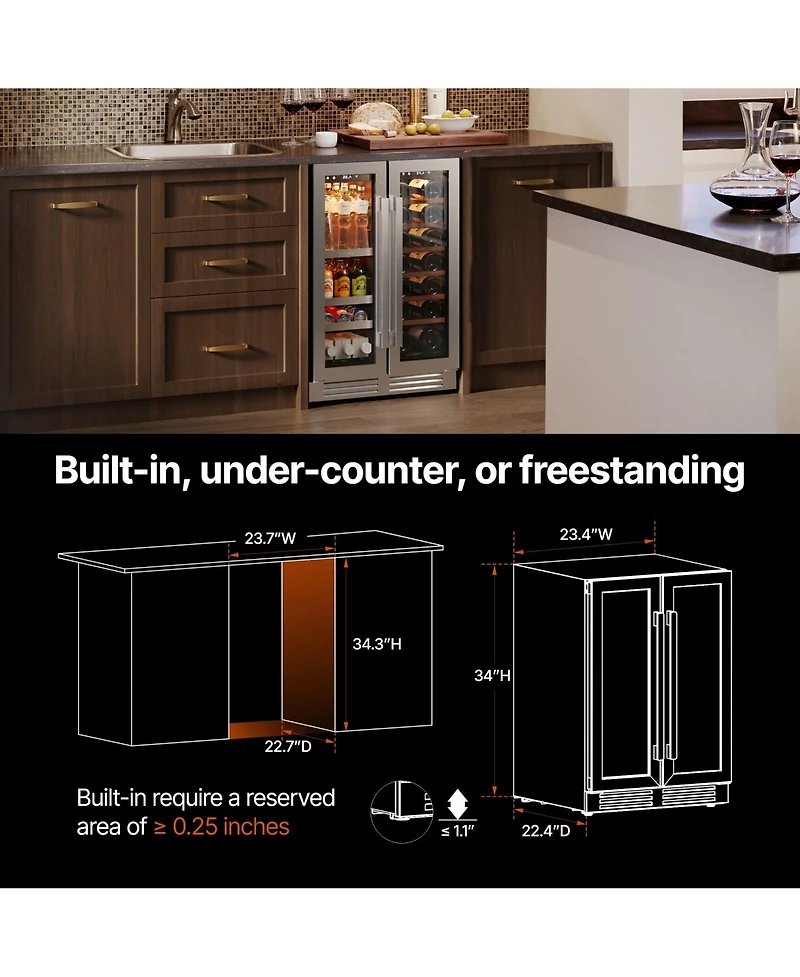Ca'Lefort 24-inch Wine and Beverage Refrigerator, 60 Can and 20 Bottle , Dual Zone French Doors, Stainless Steel, for Home Kitchen