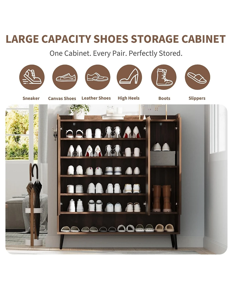 homfan Set of 2 Large Shoe Cabinet with Doors,6-Tier Shoe Organizer with 3 Doors and Additional Hooks for Hallway, Entryway, Living Room