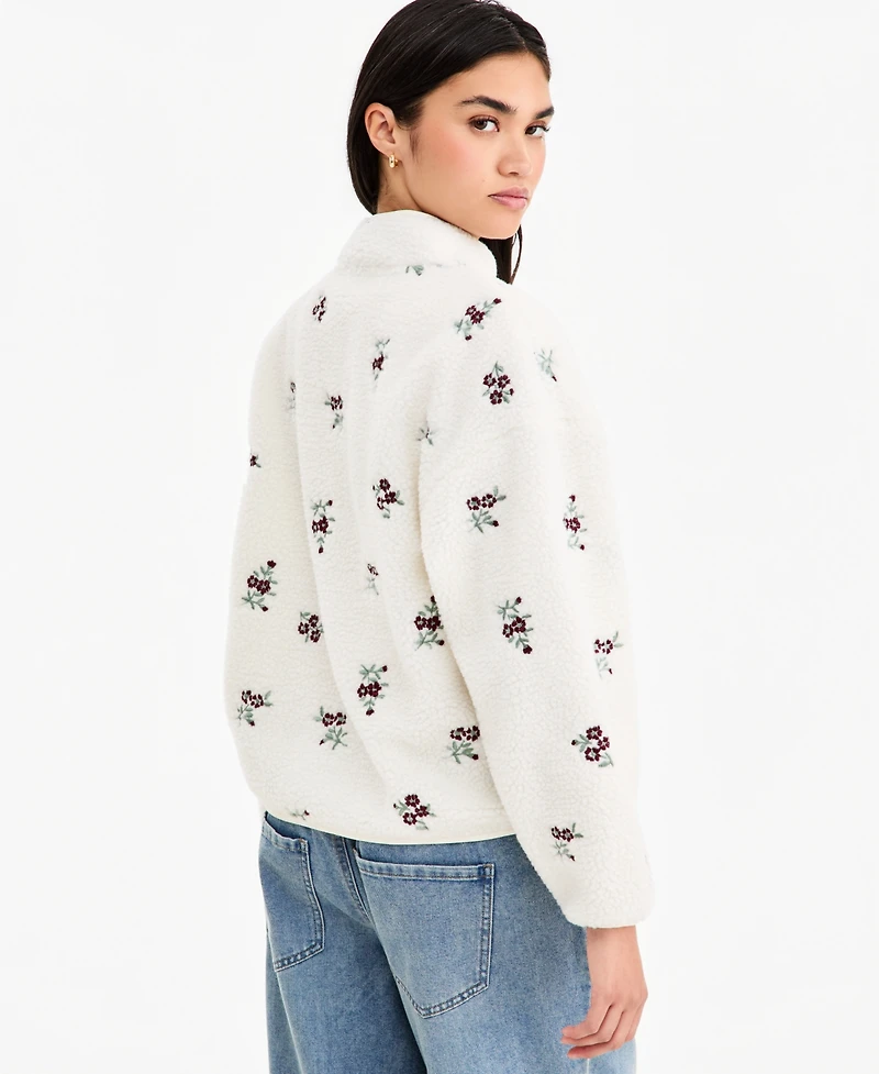 Planet Gold Juniors' Floral Embroidered Zip-Front Fleece Jacket