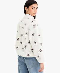 Planet Gold Juniors' Floral Embroidered Zip-Front Fleece Jacket