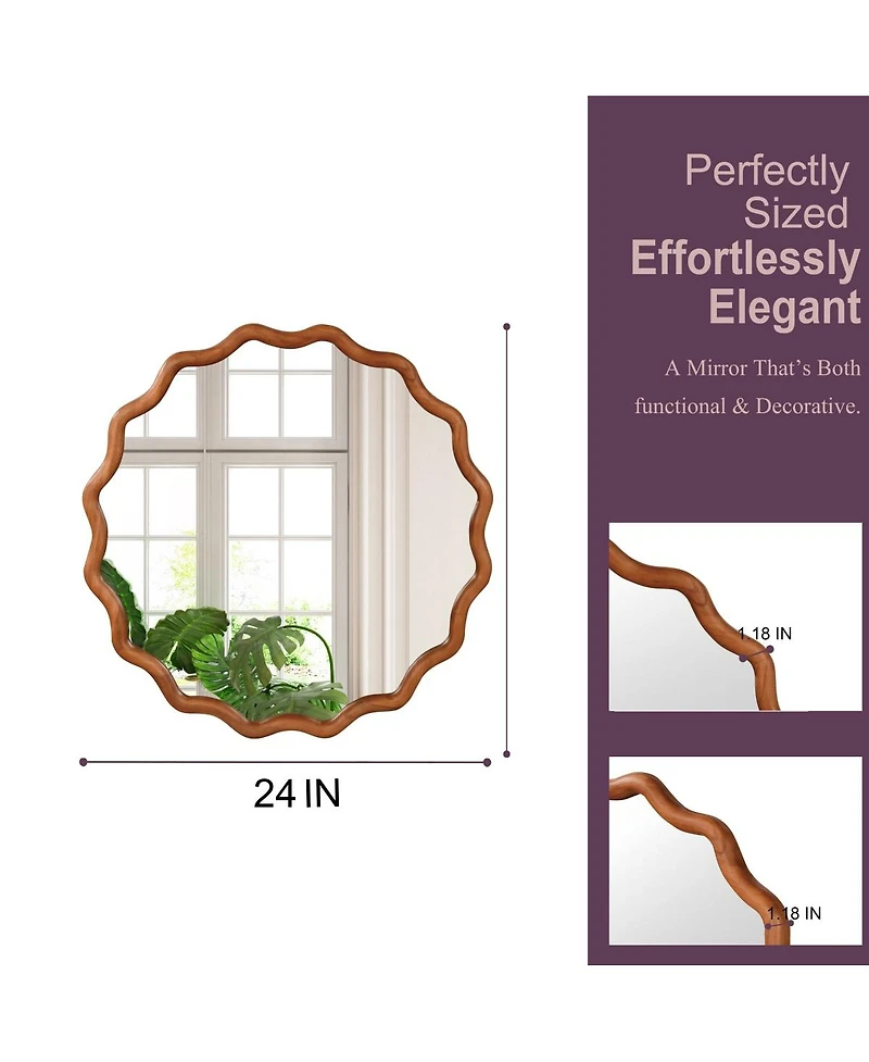 Laoties 24" Round Wavy Wood Frame Accent Mirror for Entryway and Bathroom