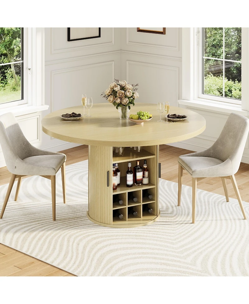 homfan 47-Inch Round Dining Table for 4-6 with Hidden Storage and Wine Rack - Modern Wood Kitchen Table