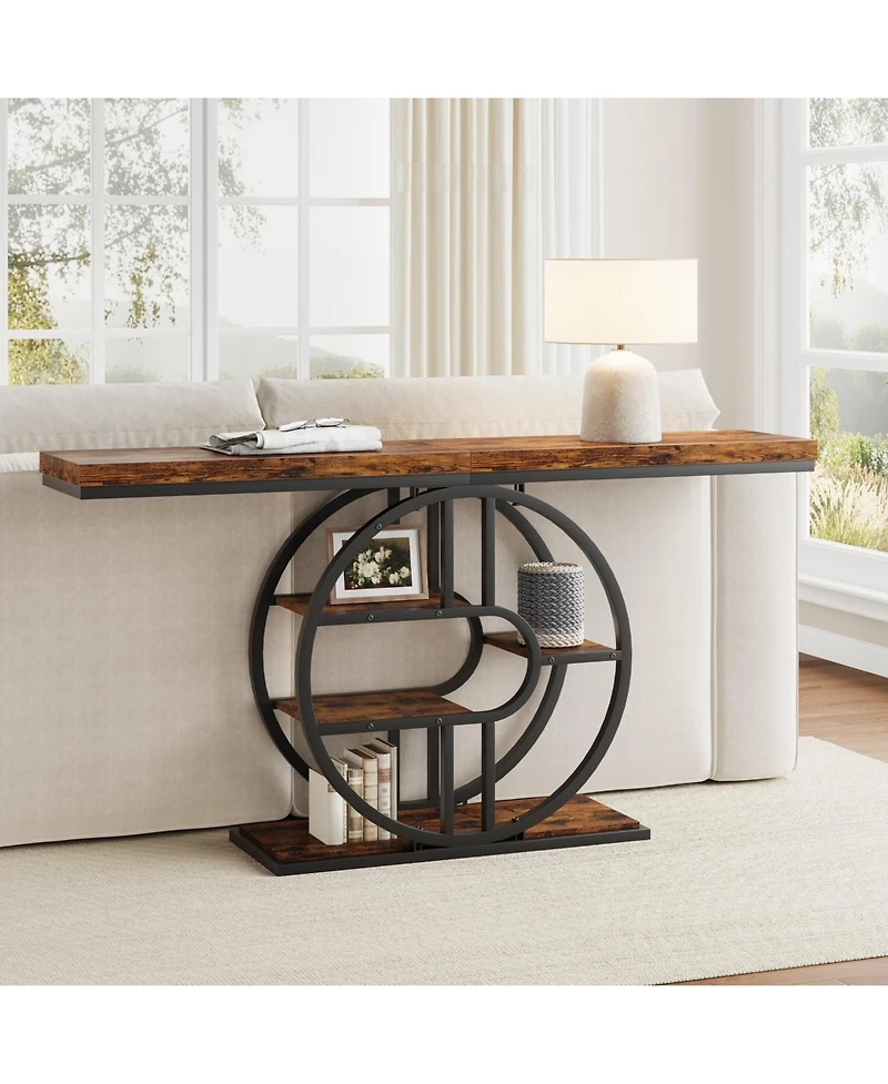 homfan 55 In Entryway Console Table with Storage Shelves, Narrow Industrial Sofa Table with O-Shaped Metal Frame