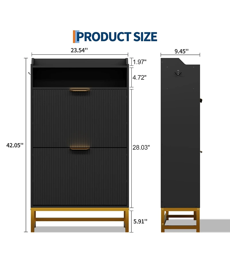 Shoe Storage Cabinet for Entryway with 2 Flip Drawers, 31.5 Fluted Slim Adjustable Shelf