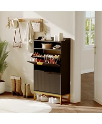 Shoe Storage Cabinet for Entryway with 2 Flip Drawers, 31.5 Fluted Slim Adjustable Shelf