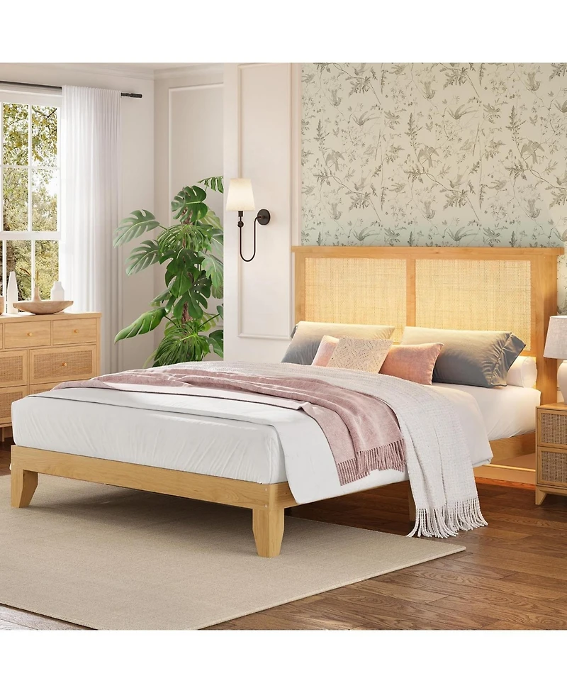 gaomon Queen Rattan Platform Bed with Led Headboard And Wood Legs