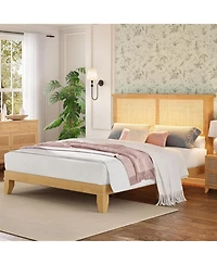 gaomon Queen Rattan Platform Bed with Led Headboard And Wood Legs