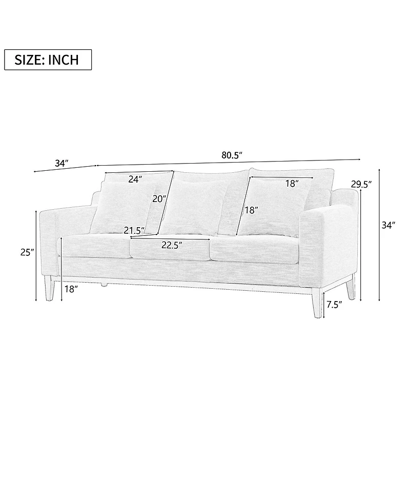 Maison Boucle 80.5'' Fabric Sofa, Modern 3 Seater Couch with Wood Legs, 3 Pillows