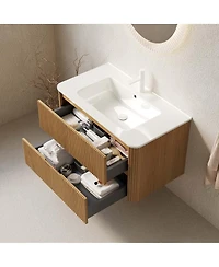 Thirtypeachy 36" Modern Scandinavian Floating Bathroom Vanity, 2-Drawer Plywood Cabinet With Ceramic Sink, Pre-Assembled Retro Woodgrain