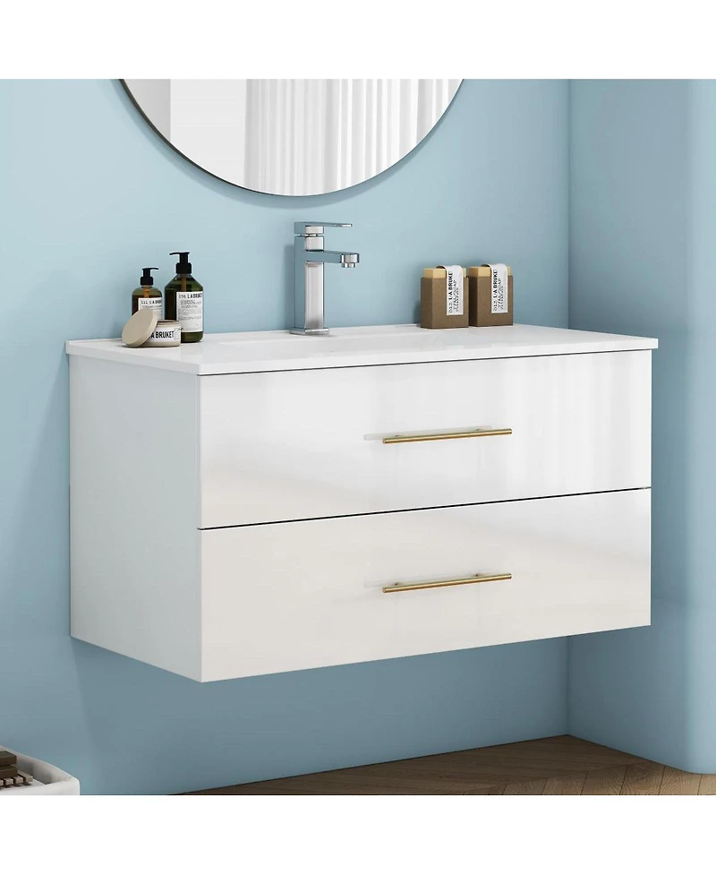 Sillysis Wall Mounted Bathroom Vanity with Ceramic Sink, Double Drawers, Modern Glossy Cabinet for Small Spaces
