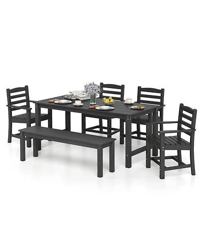 Gouun 6 Piece Hdpe Patio Dining Set with 67 in Table, Backless Bench and 4 Armchairs, Umbrella Hole