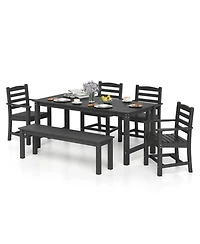 Gouun 6 Piece Hdpe Patio Dining Set with 67 in Table, Backless Bench and 4 Armchairs, Umbrella Hole