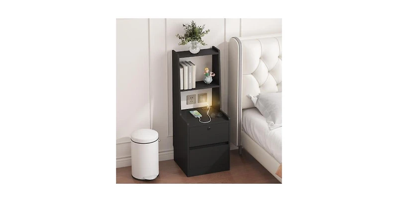 Lucky One 15.7"W Nightstand with Charging Station, Night Light