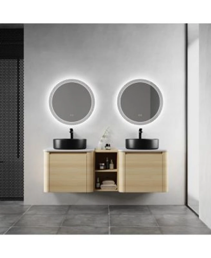 Sillysis 59 Inch Wall Mounted Double Bathroom Vanity With Stone Countertop Ceramic Vessel Sinks Storage Shelves For Modern Homes