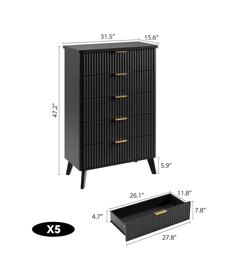 gaomon 5 Drawers Dresser for Bedroom, 47.2'' Tall Dressers with Curved Profile Design, Fluted Wood Drawers, Modern Chest of