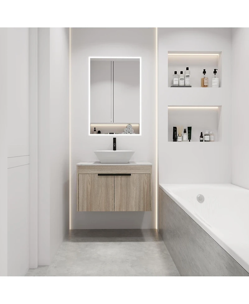 Sillysis Wall Mounted Bathroom Vanity with Ceramic Vessel Sink, Stone Top, Soft Close Doors