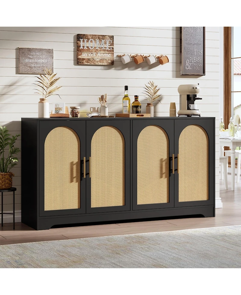 homfan 59 Inch Modern Rattan Credenza Console, 4-Door Sideboard Buffet with Fixed Shelf and Metal Handles for Coffee Bar Multi-Room Use
