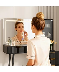 homfan Modern Fluted Vanity Desk 36" Led Mirror, Glass Top, 5 Drawers, 3-Tier Open Shelves, Built-in Charging Station, Dressing Table for Bedroom