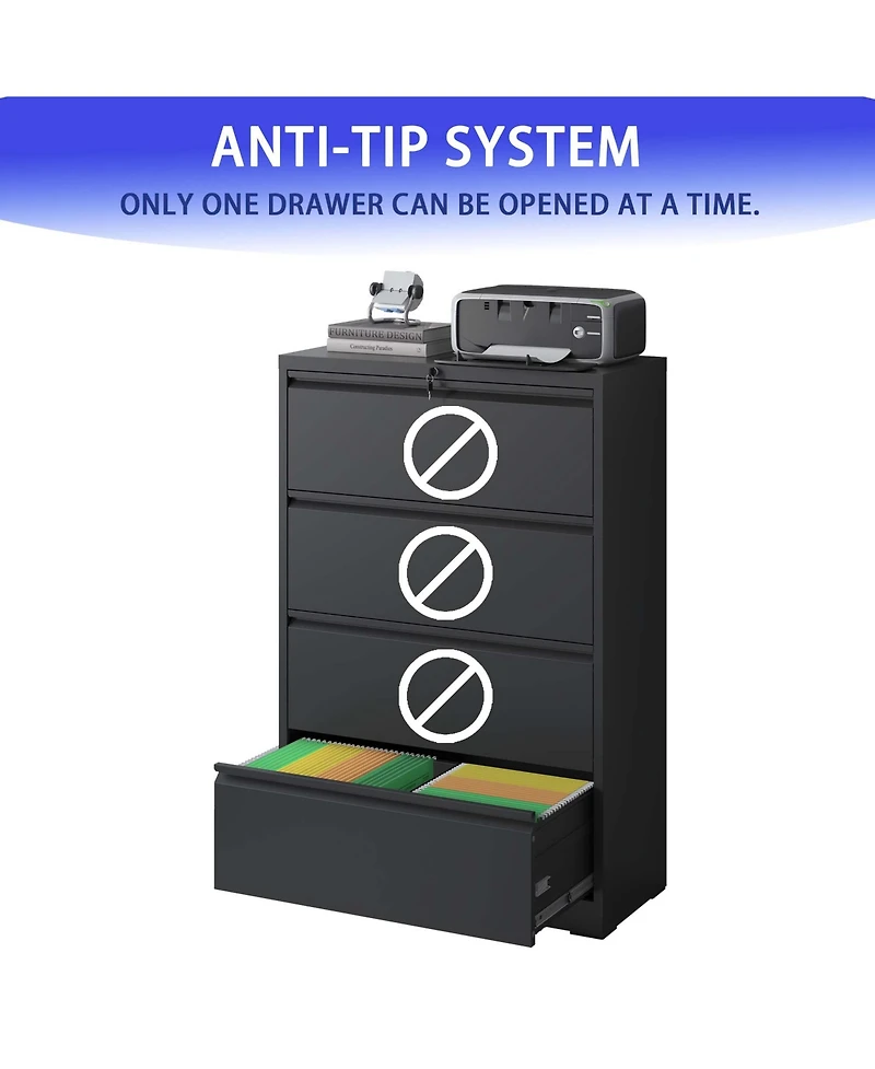 Boyel Living Lateral File Cabinet Drawer, Black Filing Cabinet with Lock