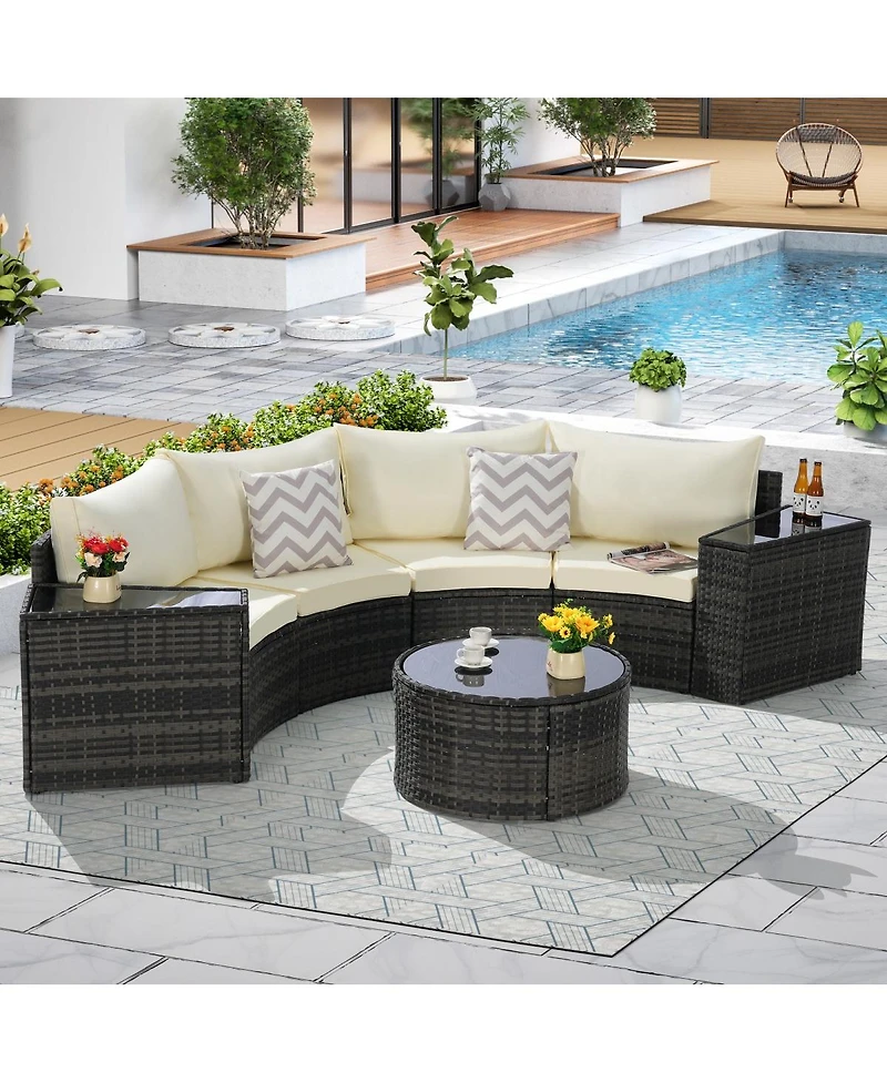 Asagikoiai 7-Piece Outdoor Half-Moon Sectional Patio Furniture Set with Glass Table-Asagikoiai