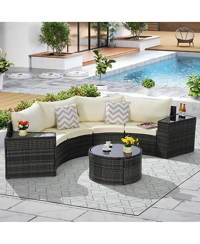 Asagikoiai 7-Piece Outdoor Half-Moon Sectional Patio Furniture Set with Glass Table-Asagikoiai