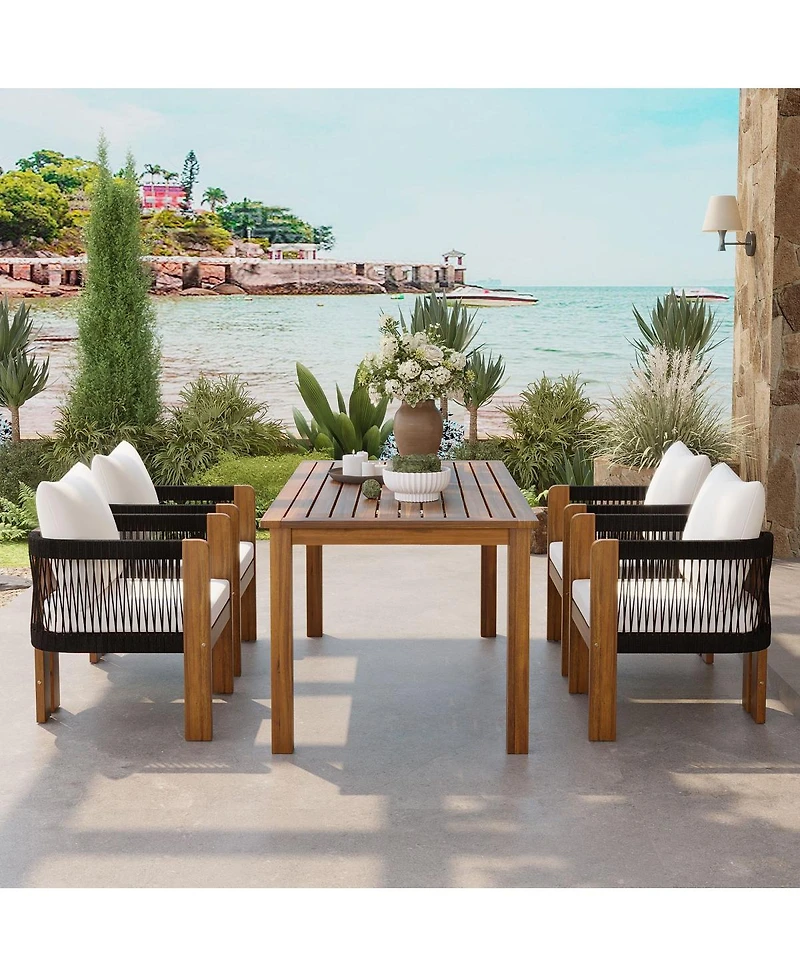 Asagikoiai 5-Piece Acacia Wood Outdoor Dining Set with Rope Woven Chairs