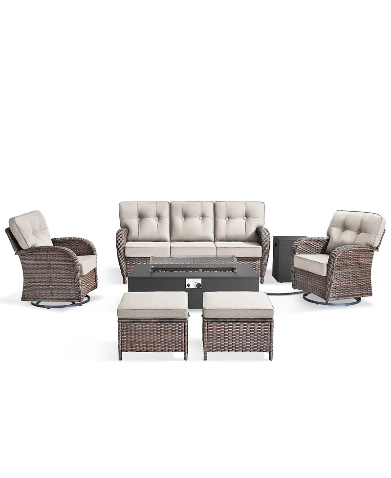 Pocassy 7 Pieces Outdoor Patio Furniture Set with Fire Pit Table, Wicker Swivel Rocking Chairs Conversation Sets 5inch Cushion