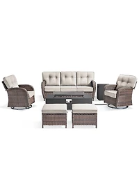Pocassy 7 Pieces Outdoor Patio Furniture Set with Fire Pit Table, Wicker Swivel Rocking Chairs Conversation Sets 5inch Cushion