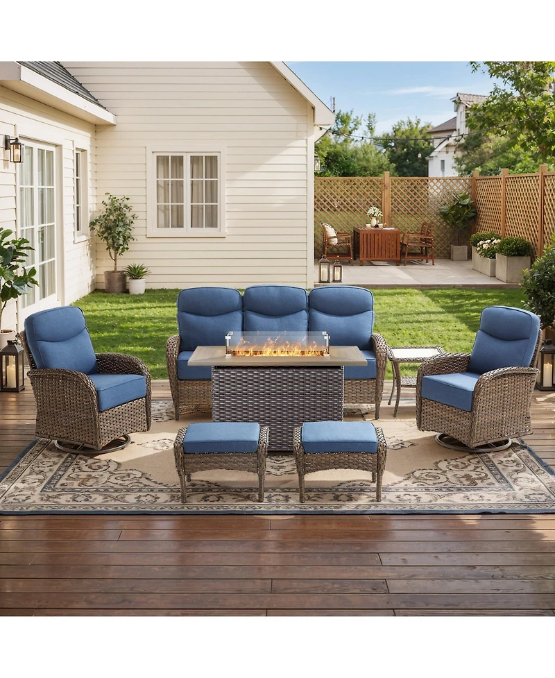 Pocassy 7pieces Patio Furniture Set with 6-inch Thick Cushion, Outdoor Wicker Conversation Fire Pit Table, Swivel Chairs, Sofa, Side Table