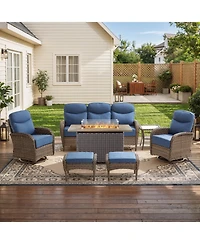Pocassy 7pieces Patio Furniture Set with 6-inch Thick Cushion, Outdoor Wicker Conversation Fire Pit Table, Swivel Chairs, Sofa, Side Table
