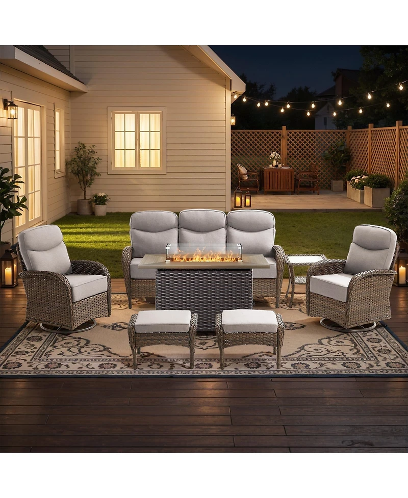 Pocassy 7pieces Patio Furniture Set with 6-inch Thick Cushion, Outdoor Wicker Conversation Fire Pit Table, Swivel Chairs, Sofa, Side Table